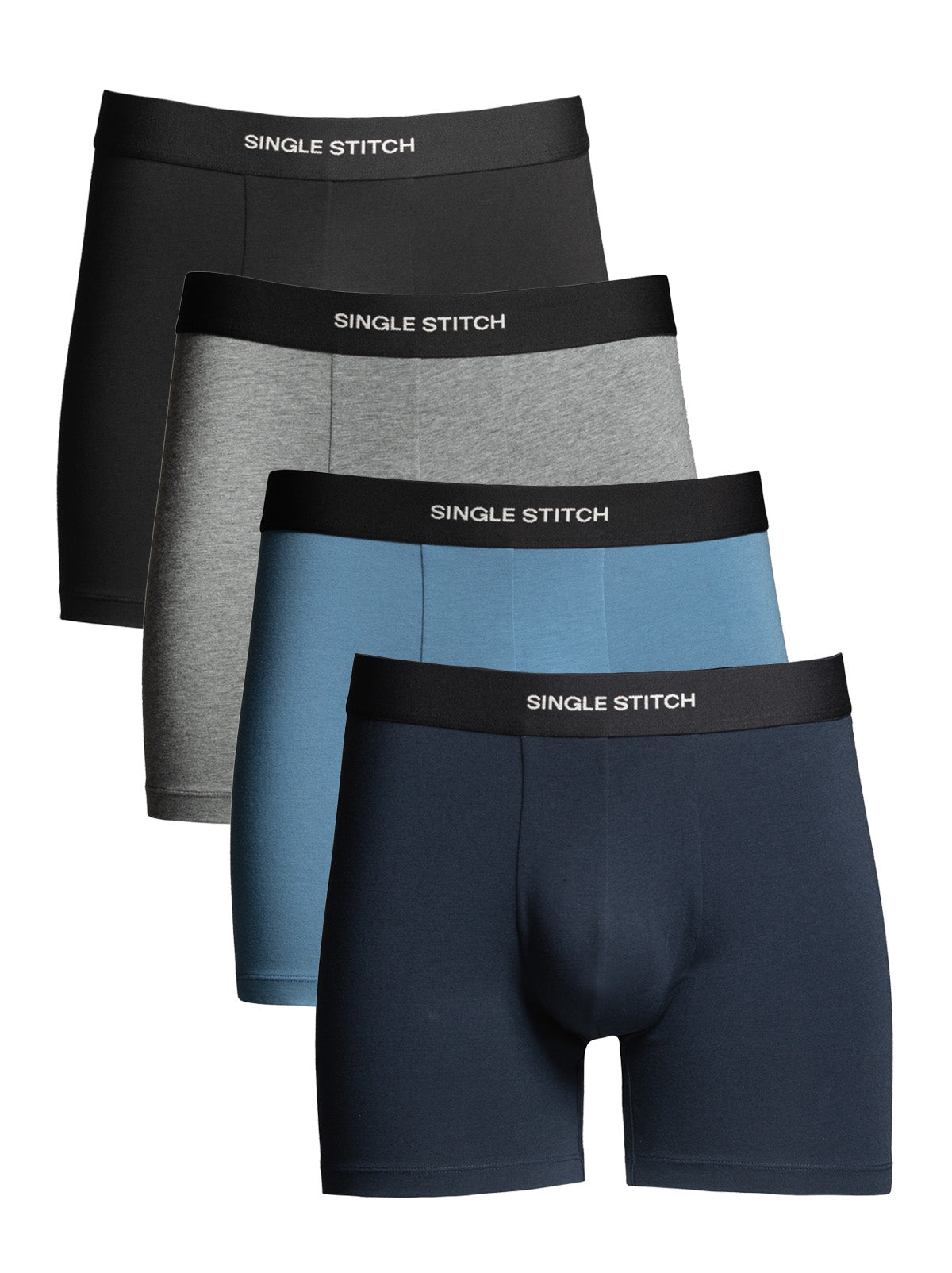 image of 4 pairs of boxers layered in order from front to back - navy blue, light blue, gray, and black