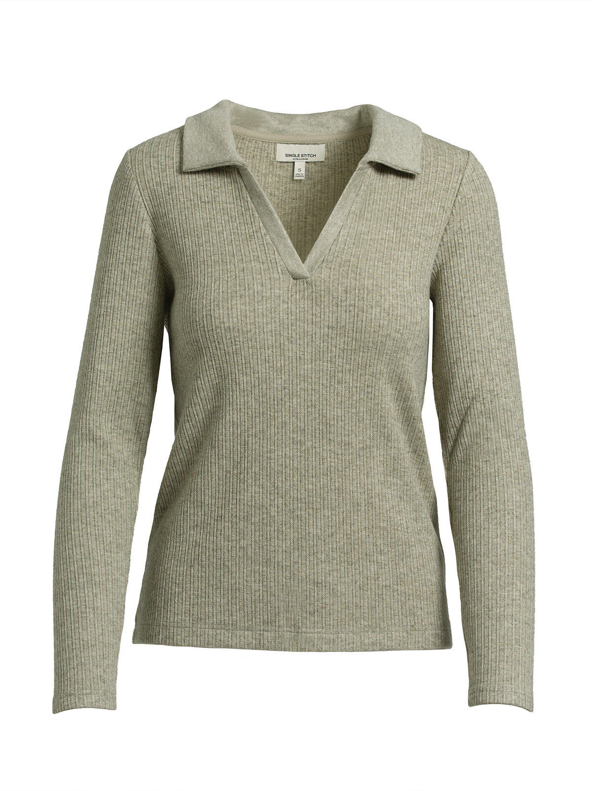 ghost image of green colored v neck sweater with collar on white background