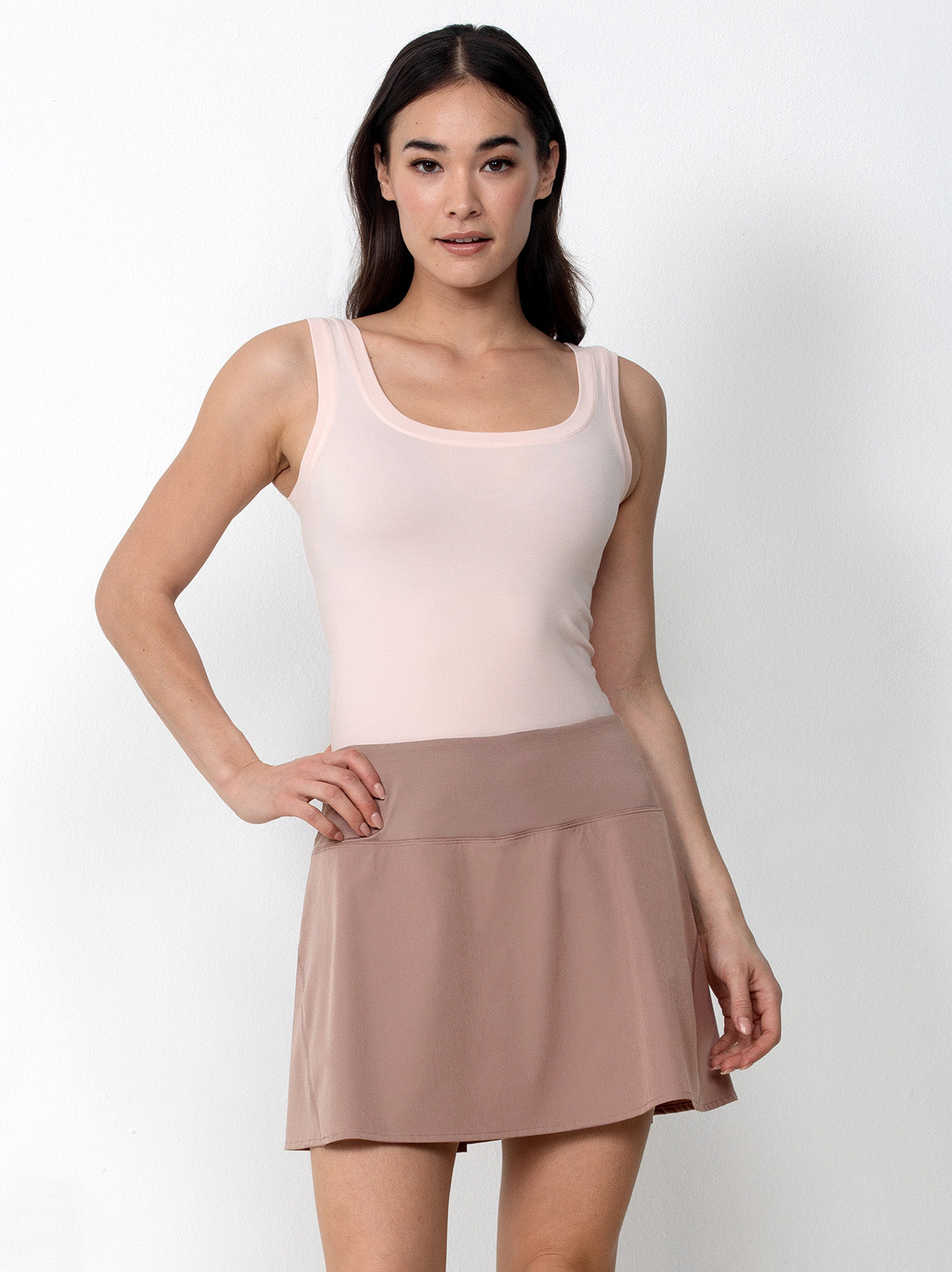 women’s pleated skort with built-in shorts in tan