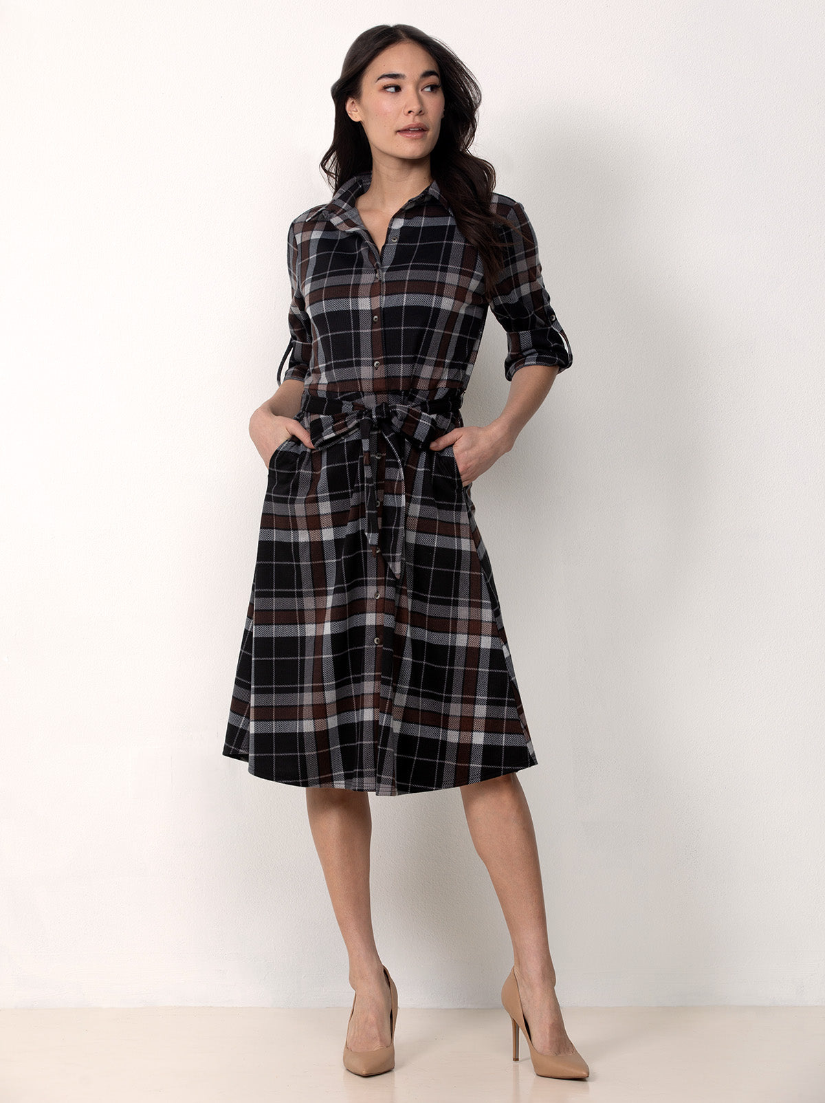 Button Front Belted Plaid Midi Dress