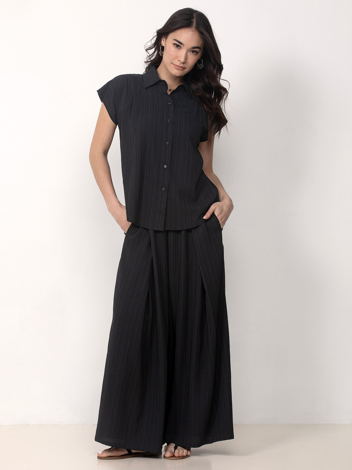 Button Front Shirt with Palazzo Pants Set
