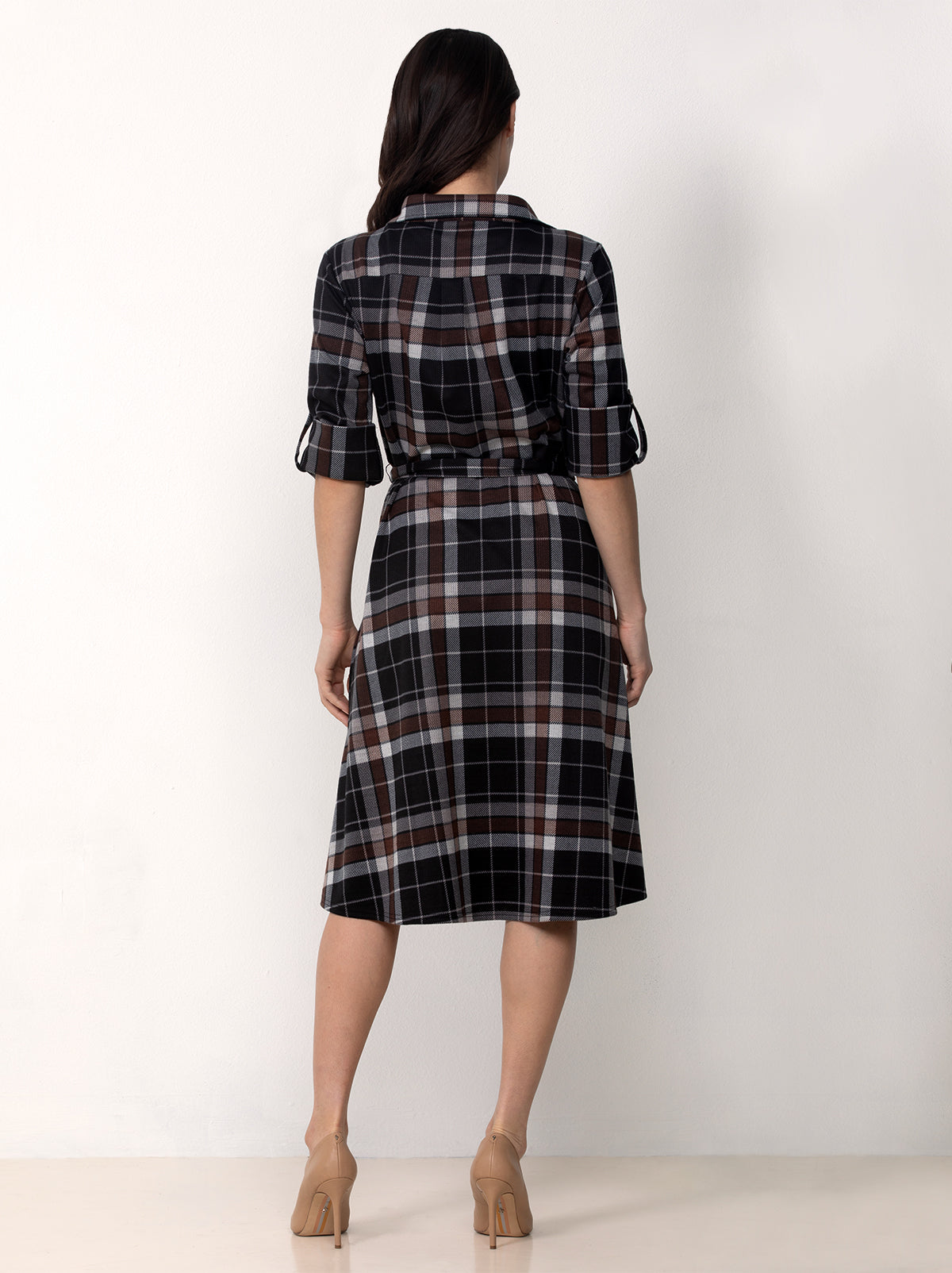 Button Front Belted Plaid Midi Dress