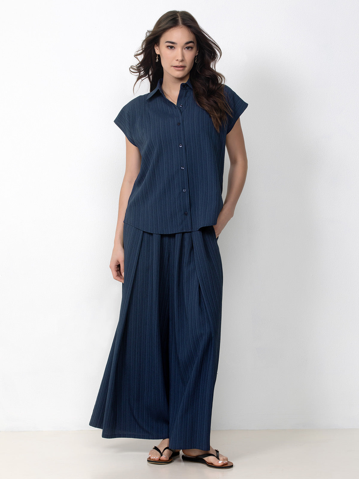 Button Front Shirt with Palazzo Pants Set