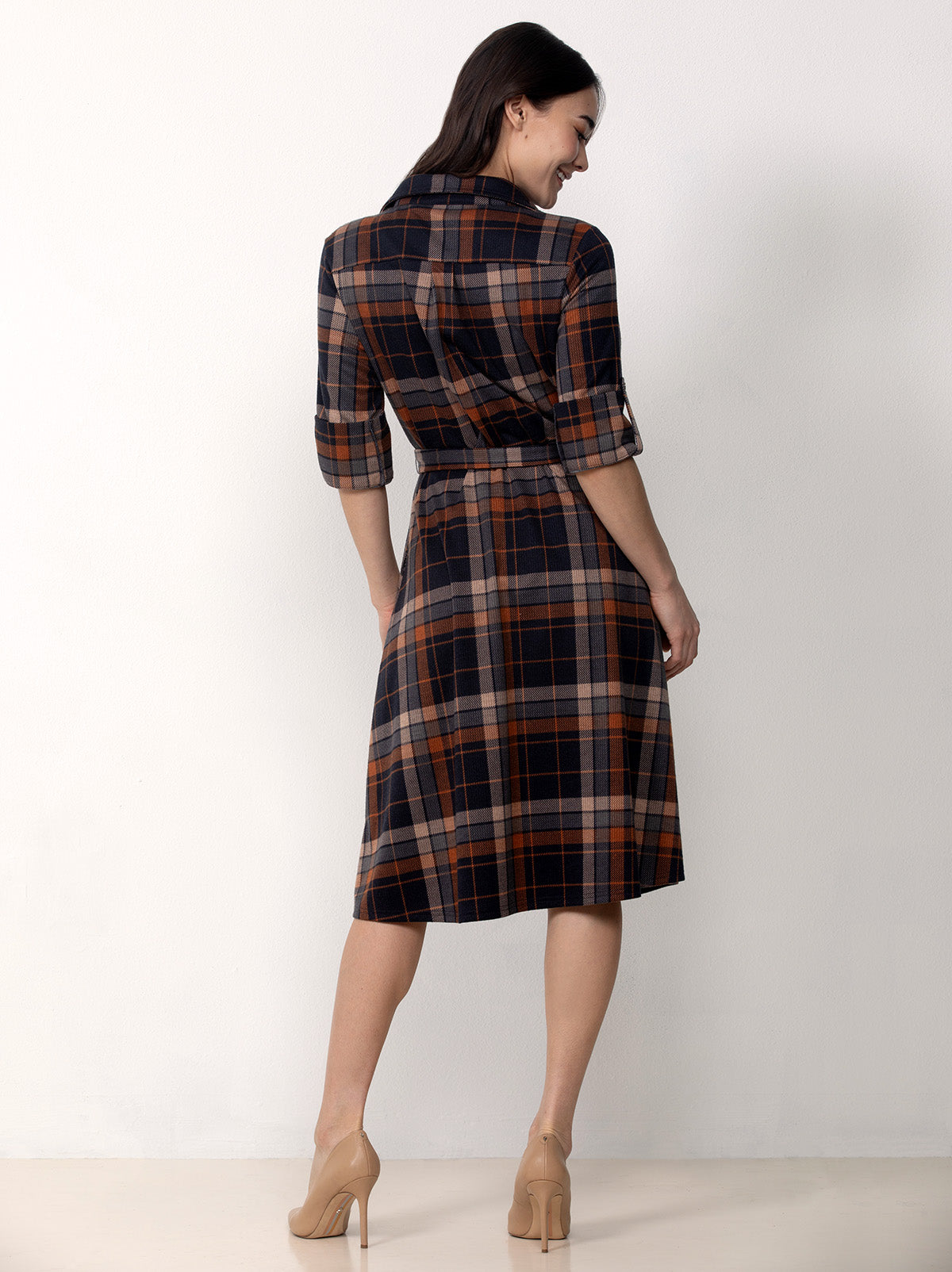 Button Front Belted Plaid Midi Dress
