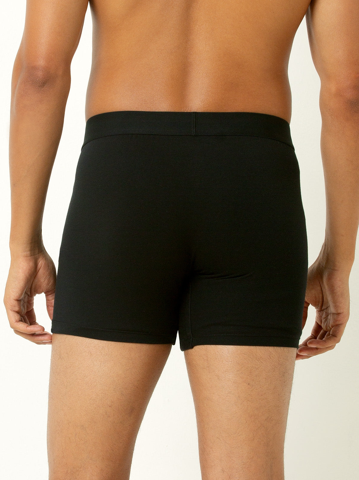 back shot of male model wearing black colored boxer briefs