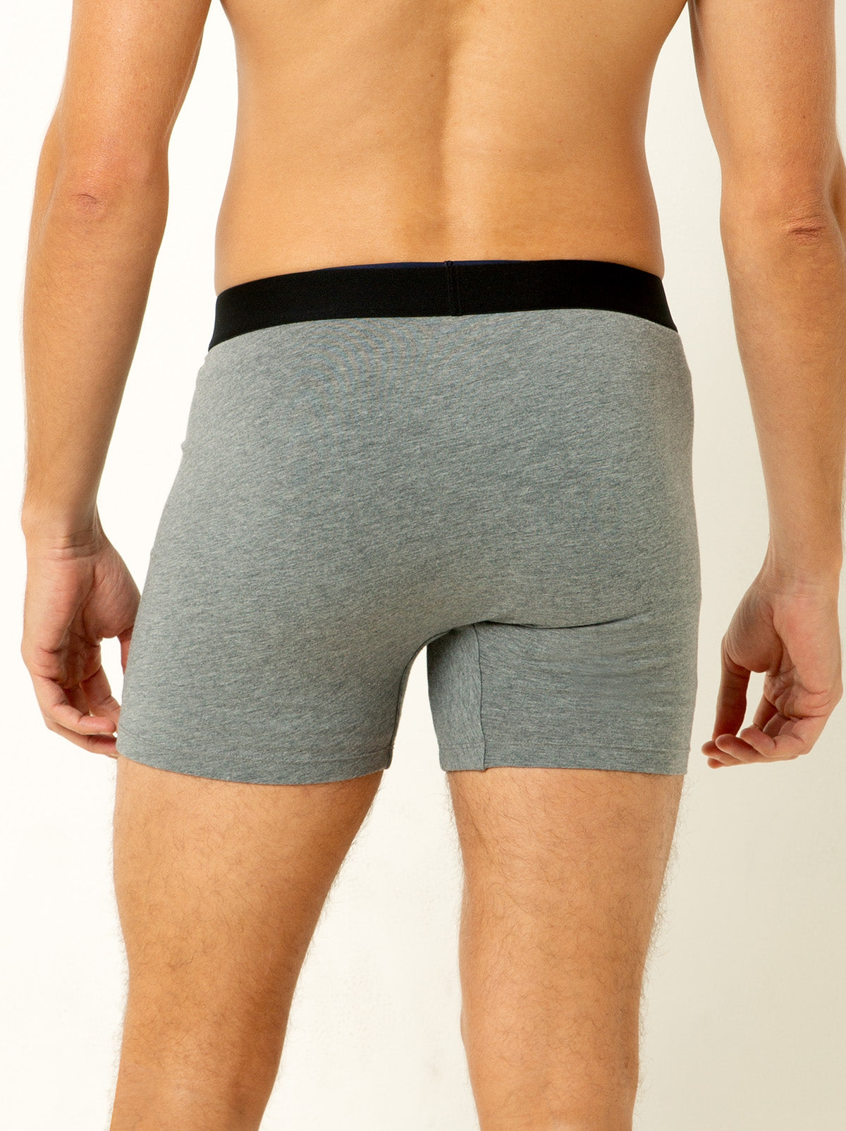 Back shot of male model wearing heatheregrey colored boxer briefs