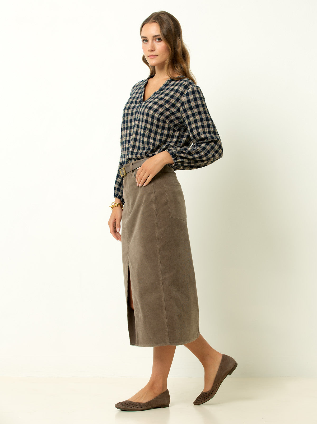 V-Neck Plaid Peasant Top