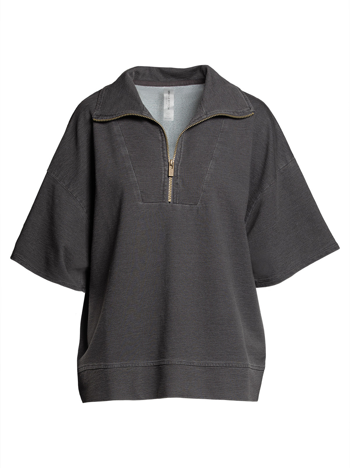 Gray quarter zip sweatshirt with cropped sleeves on white background