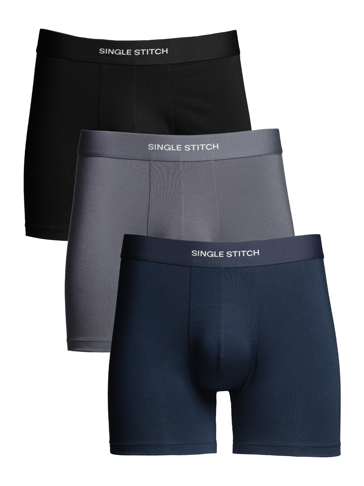 image of three pairs of boxers with logo waistband layered with black in back, gray in the middle, and blue in front