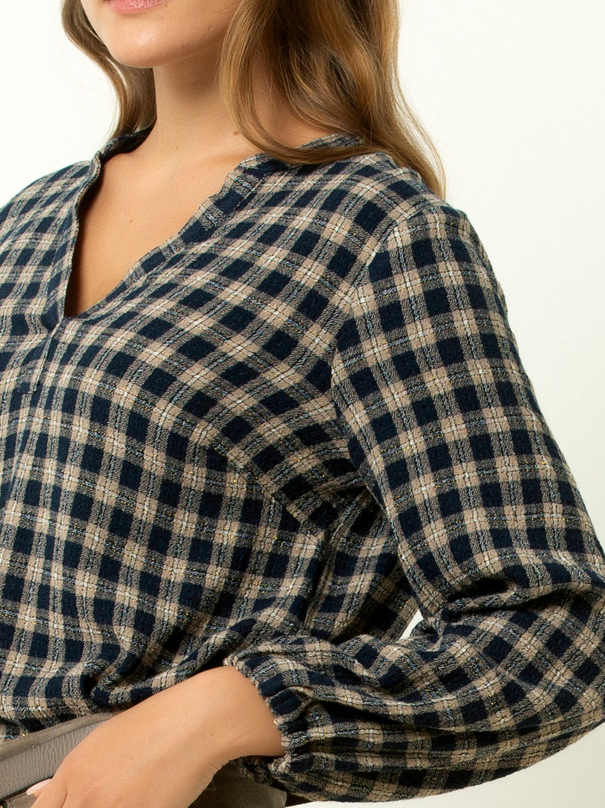 V-Neck Plaid Peasant Top