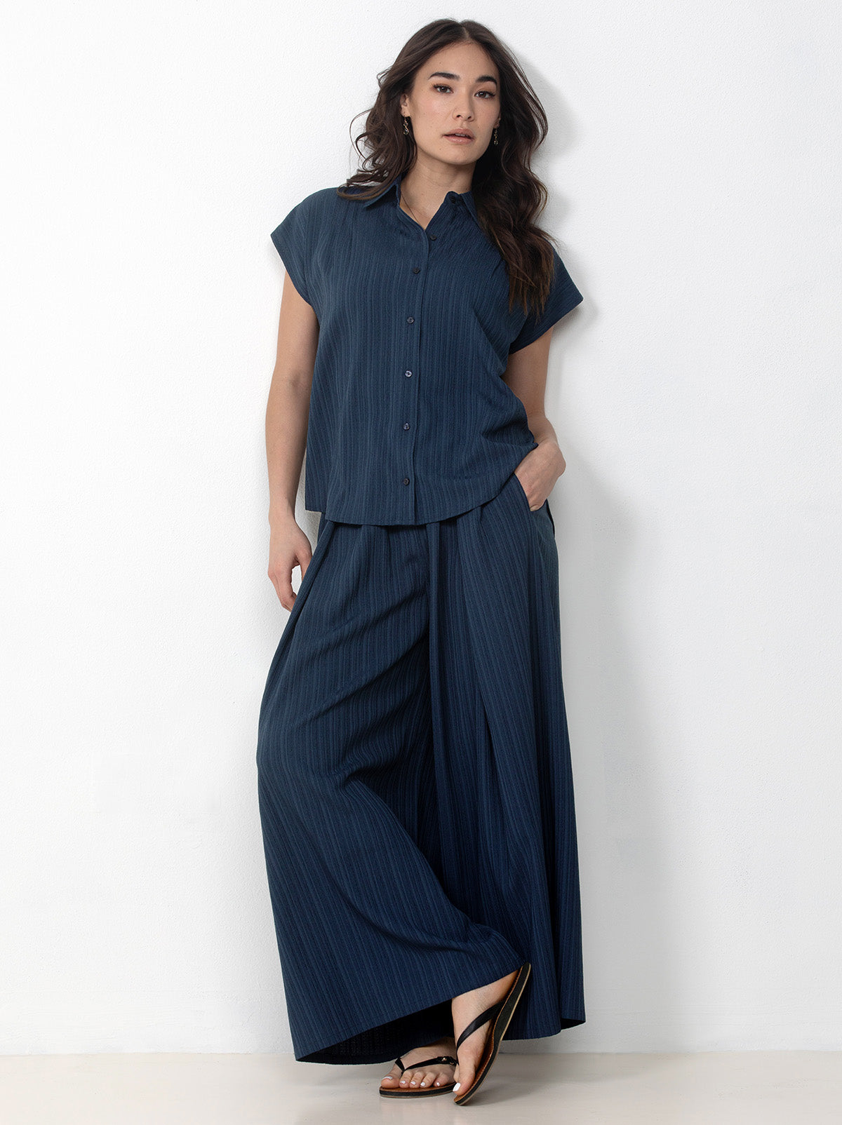 Button Front Shirt with Palazzo Pants Set