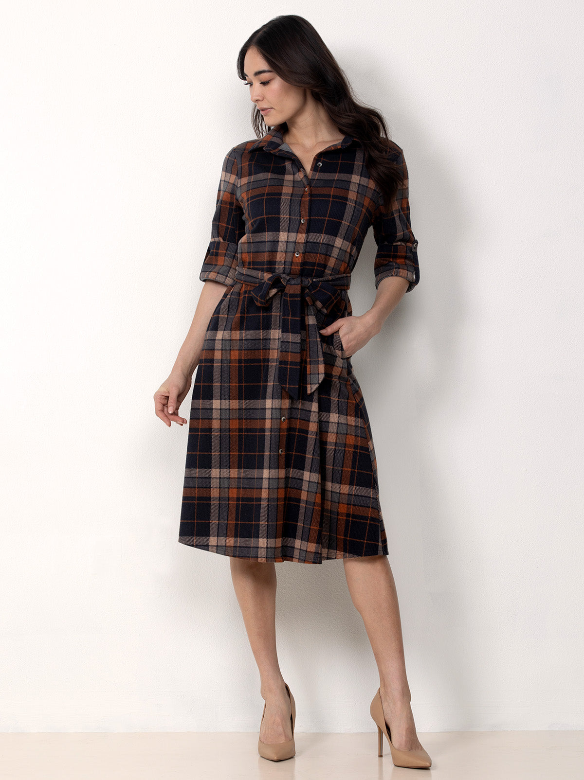Button Front Belted Plaid Midi Dress