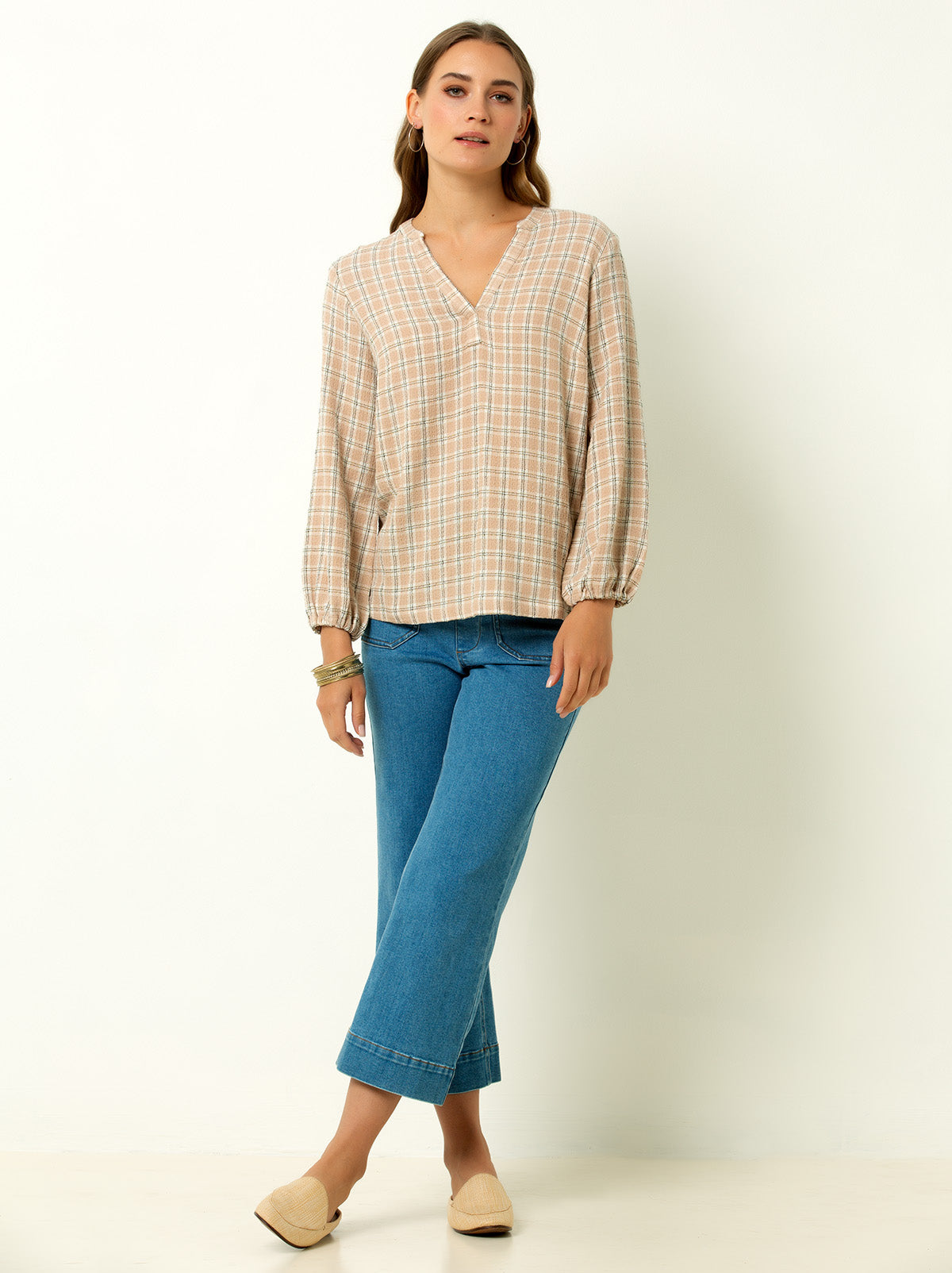 V-Neck Plaid Peasant Top