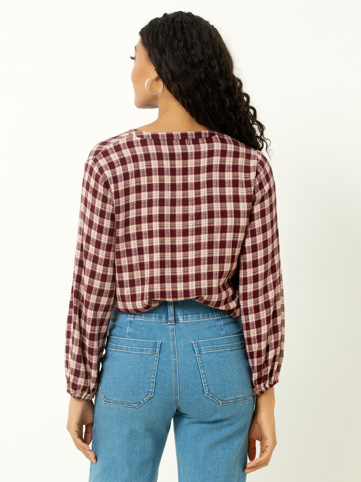 V-Neck Plaid Peasant Top