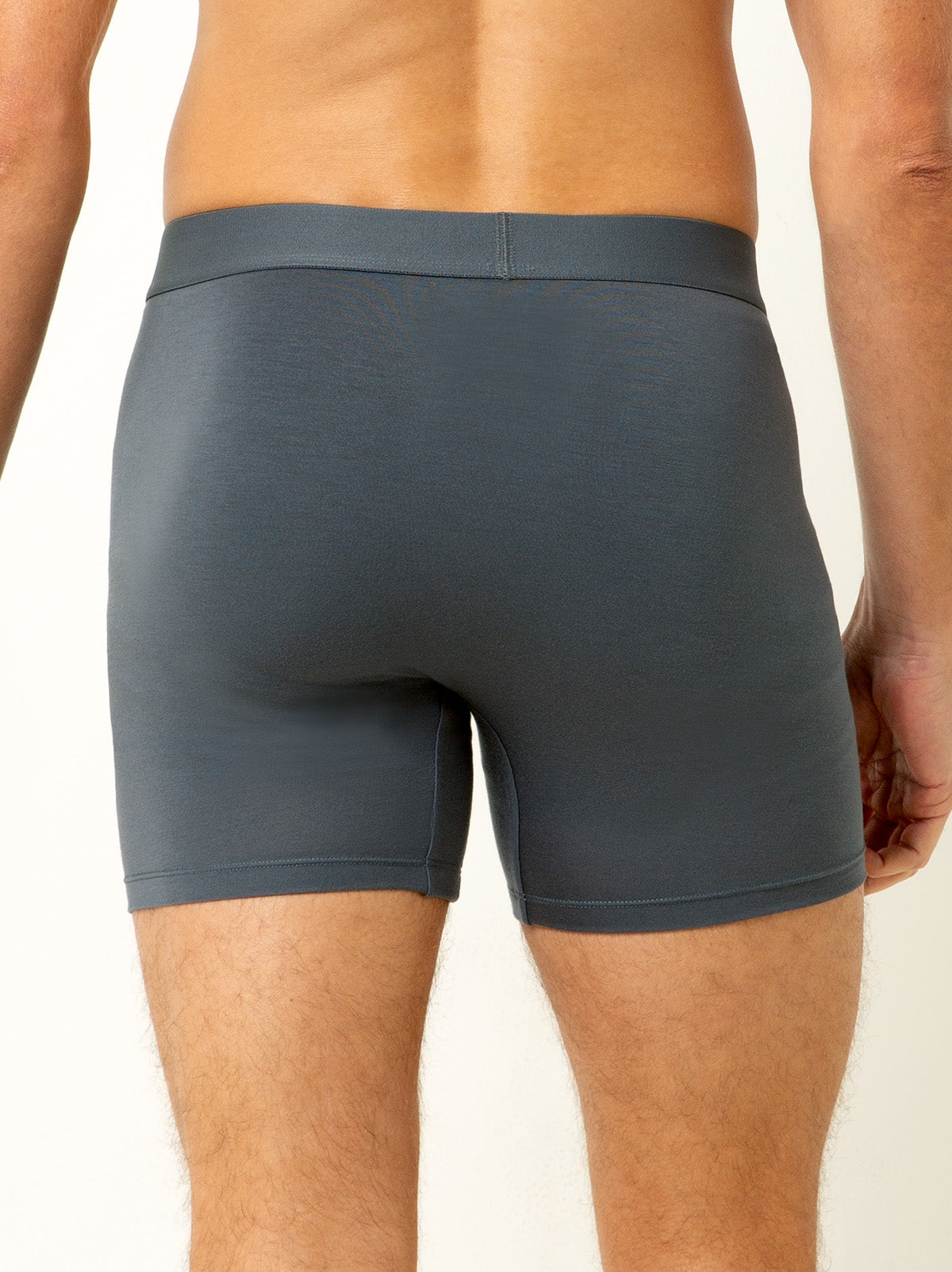 Back shot of male model wearing grey colored boxer briefs