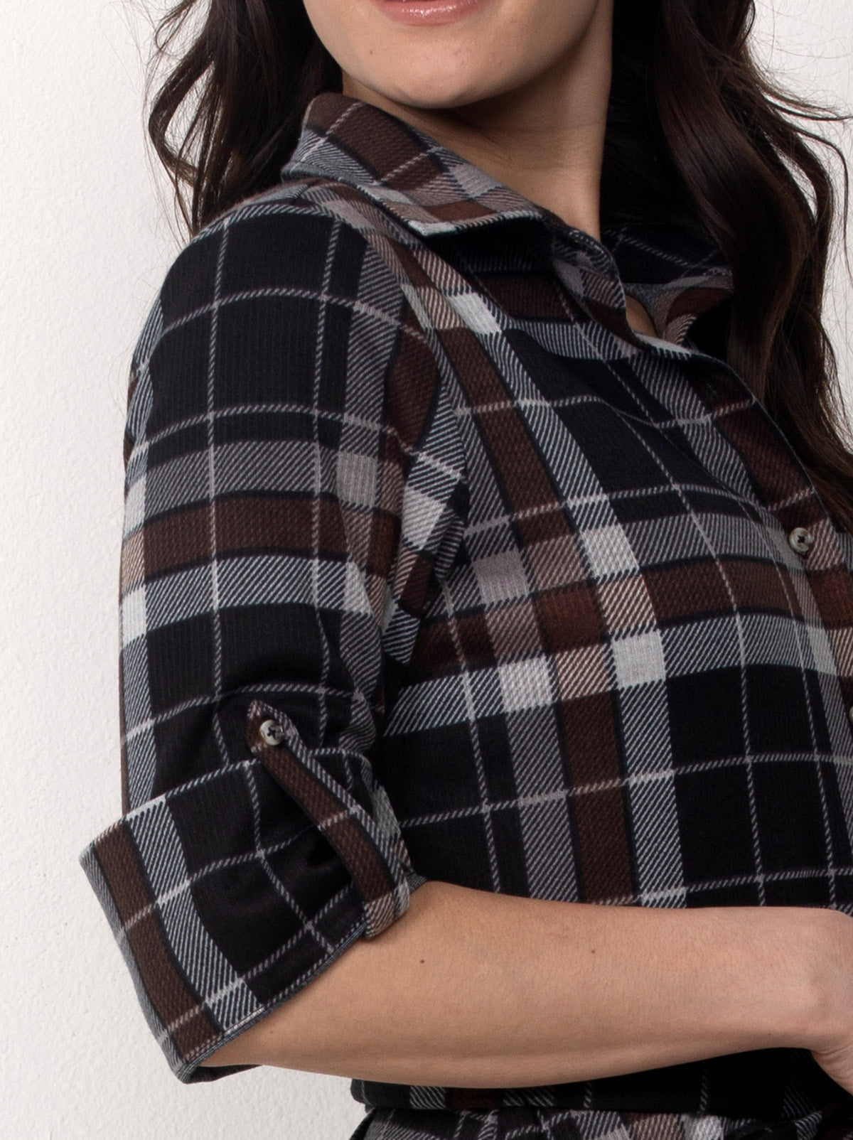 Button Front Belted Plaid Midi Dress