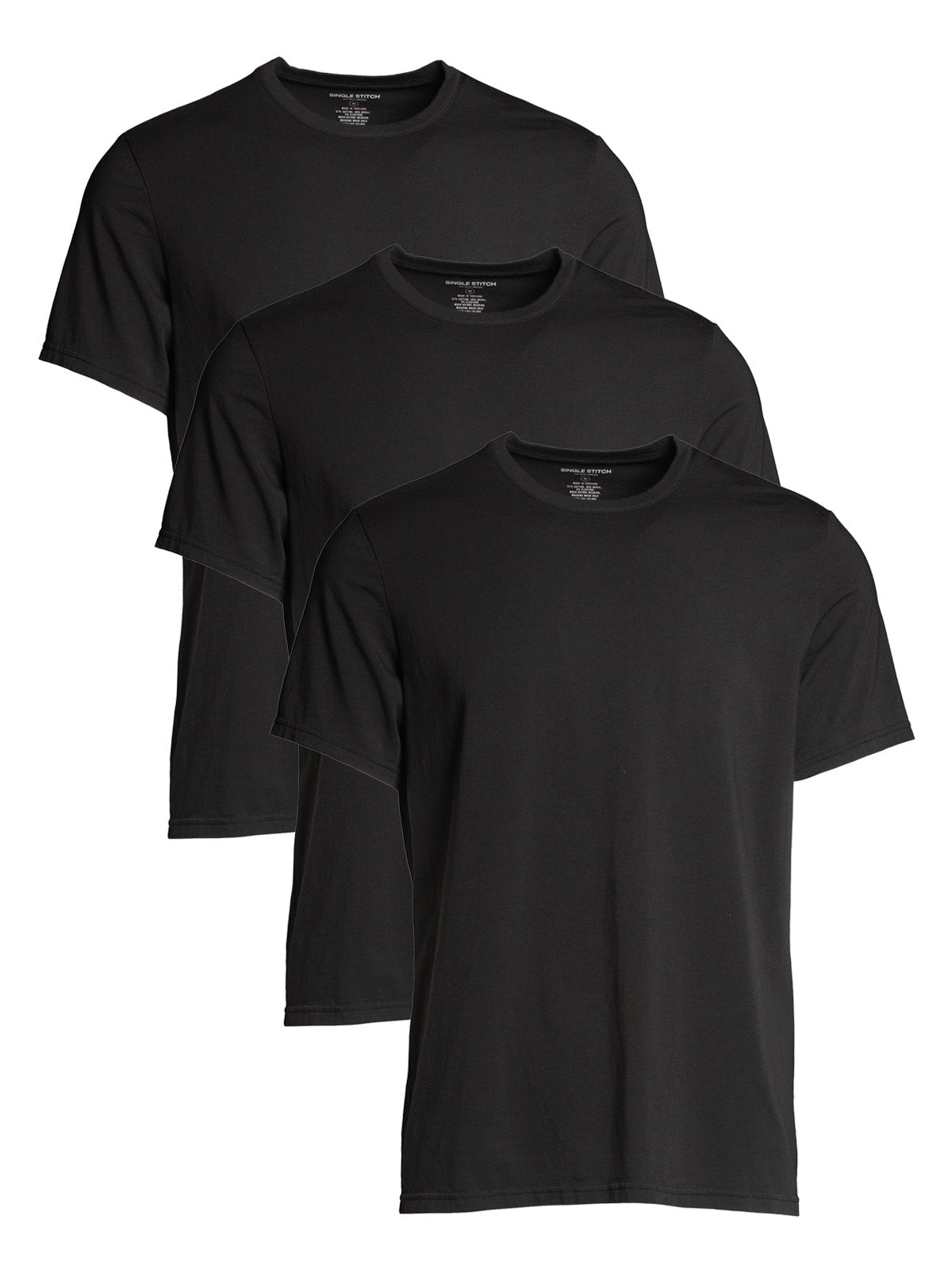 image of 3 black crew neck tshirts on white background
