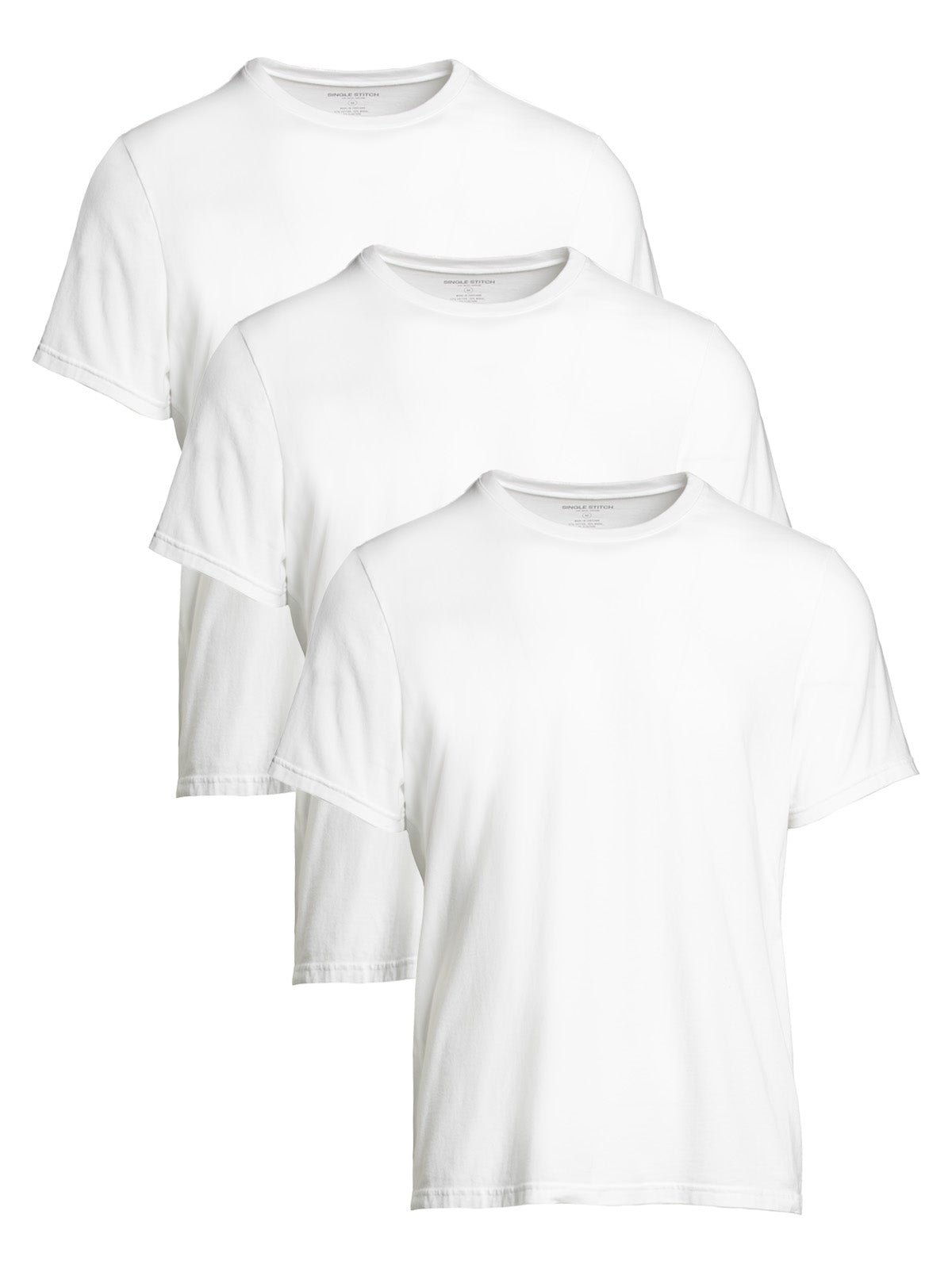 image of 2 white crew neck tshirts on white background