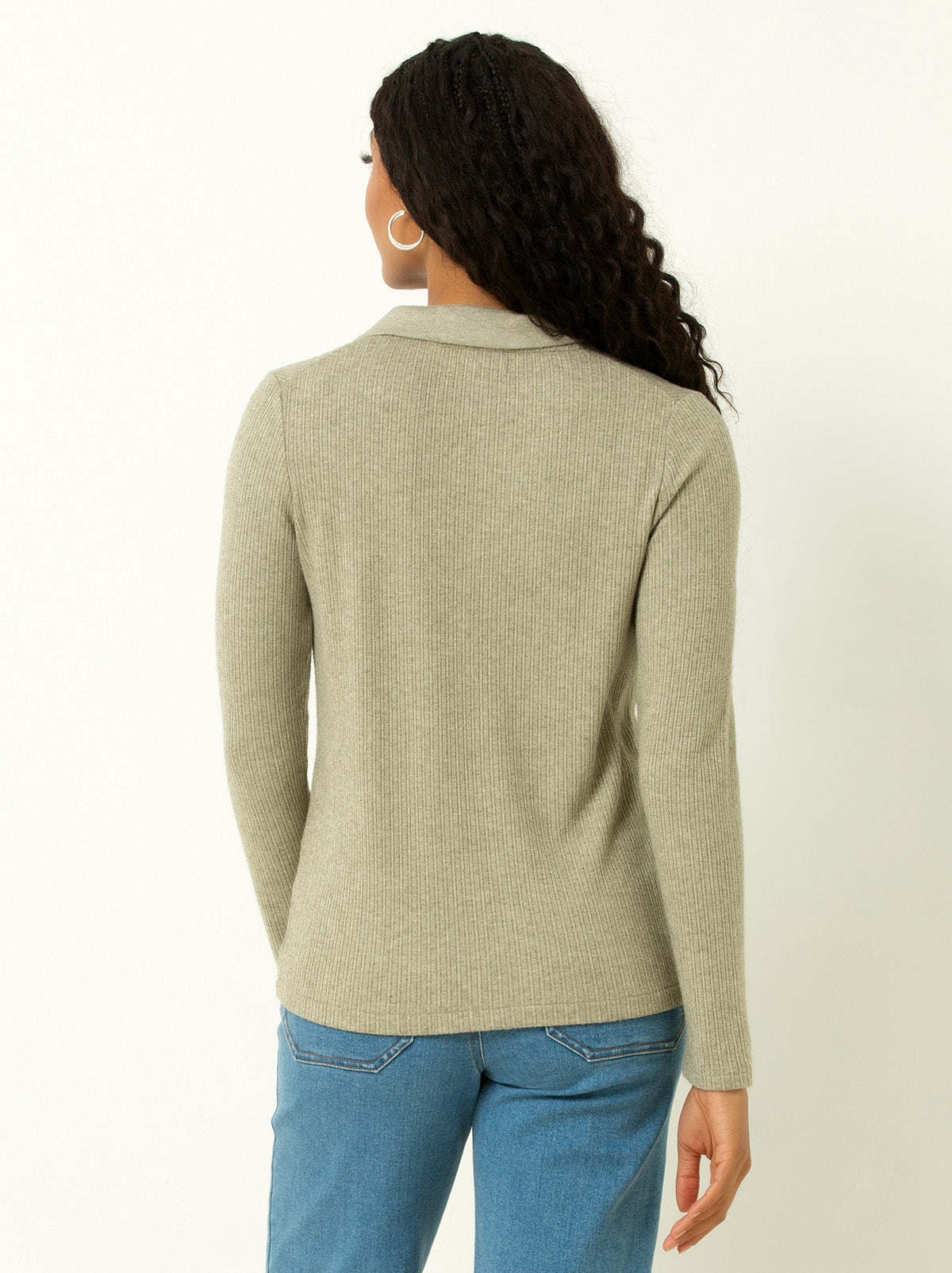back shot of female model waring a green colored v neck sweater with collar 