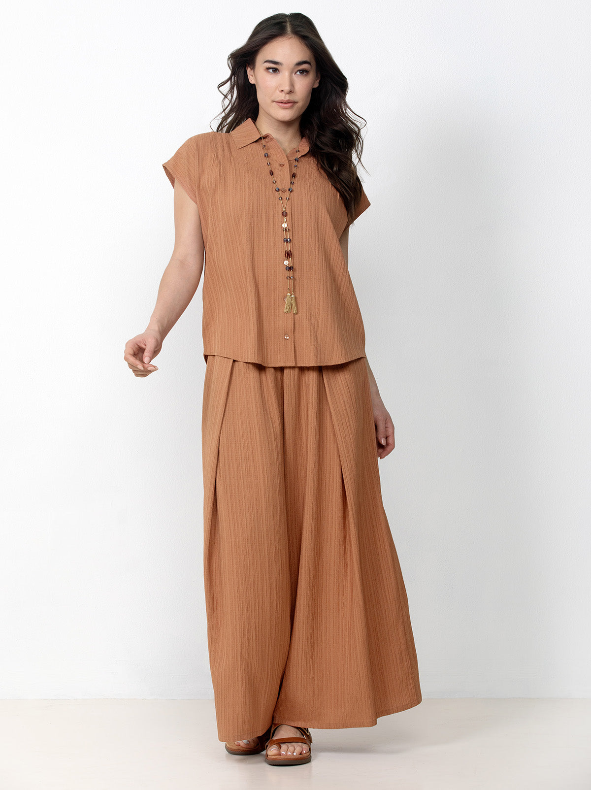 Button Front Shirt with Palazzo Pants Set