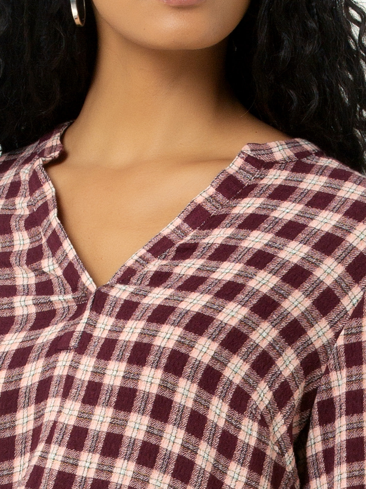 V-Neck Plaid Peasant Top