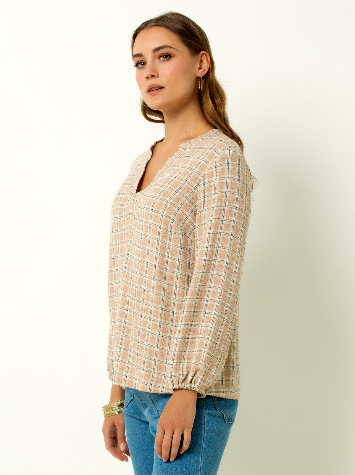 V-Neck Plaid Peasant Top