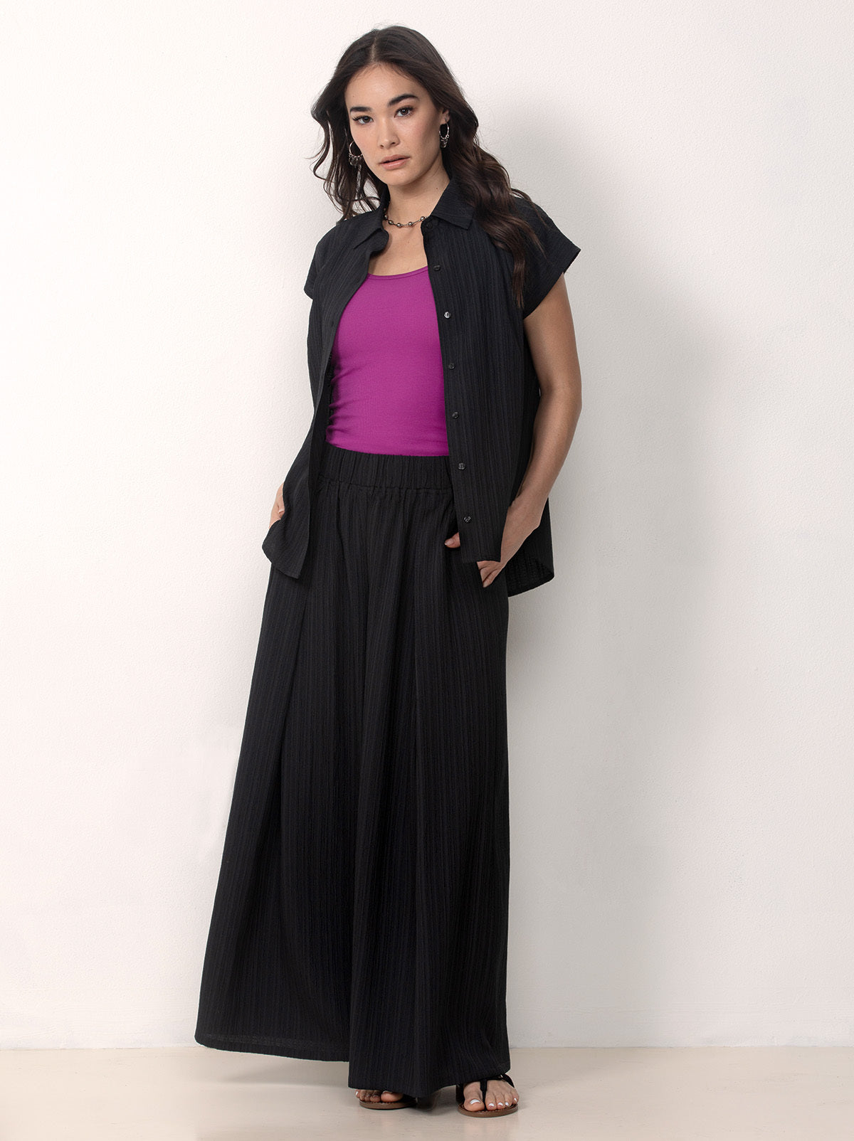 Button Front Shirt with Palazzo Pants Set