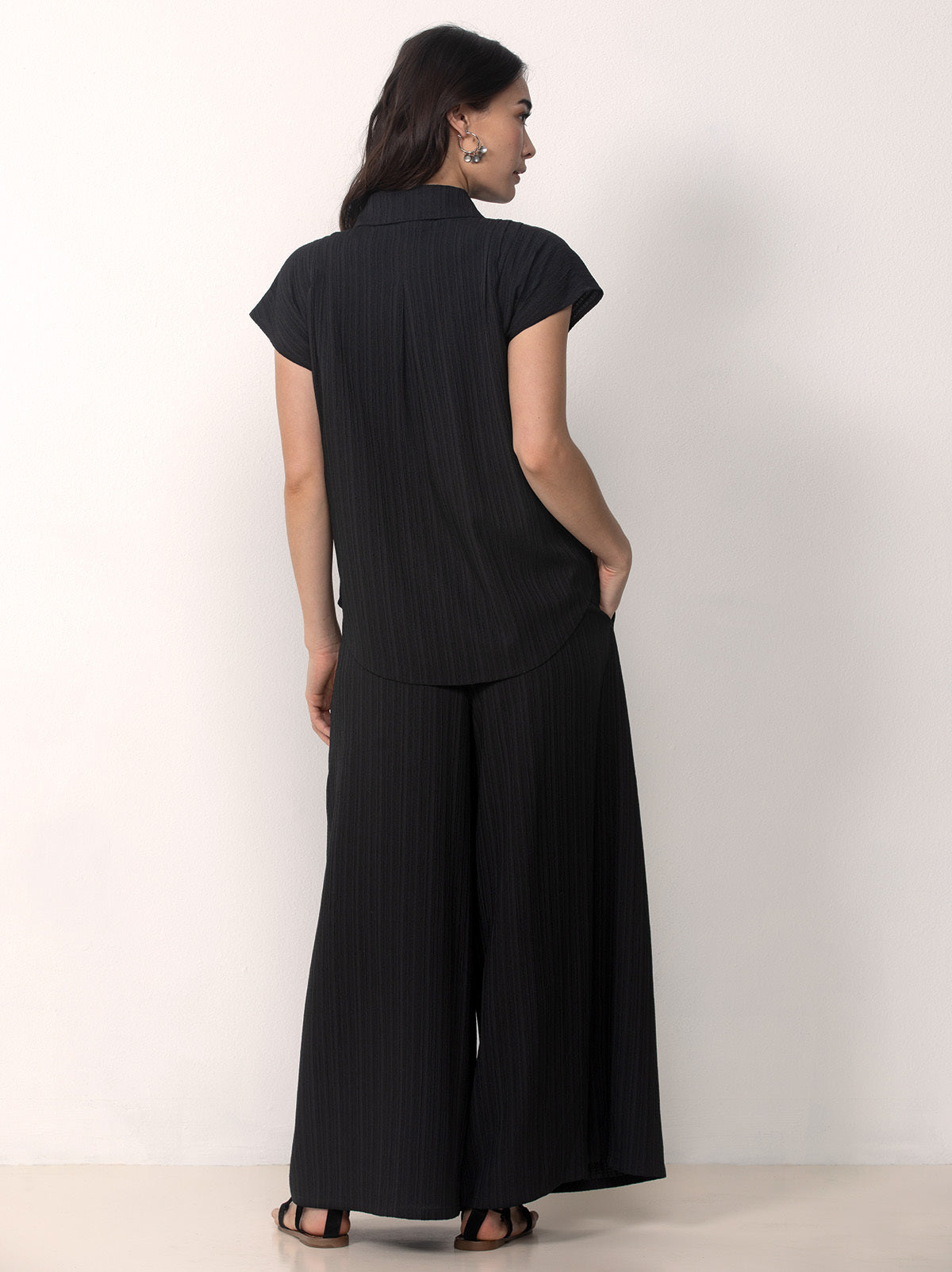 Button Front Shirt with Palazzo Pants Set
