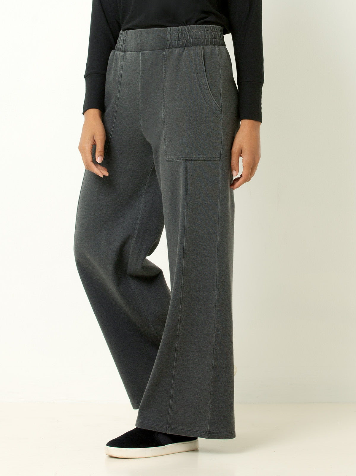 Wide leg gray pants on model, no face showing
