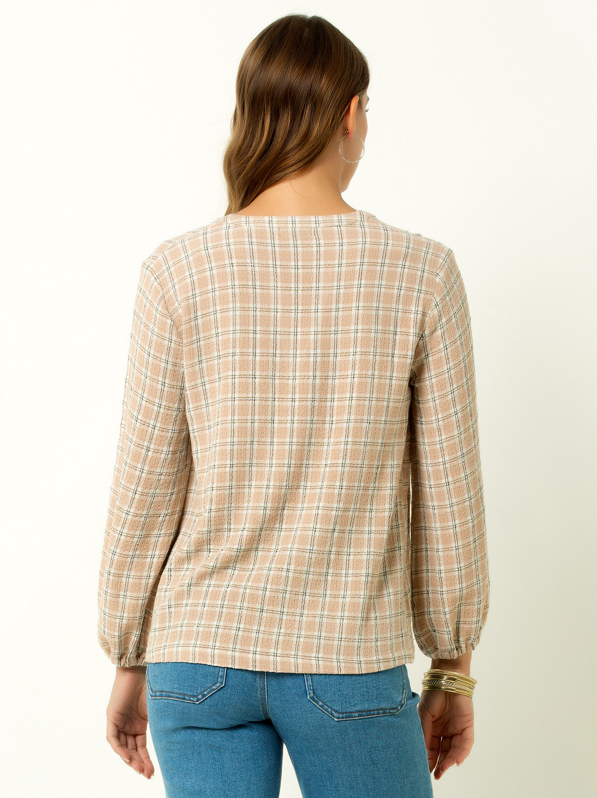 V-Neck Plaid Peasant Top
