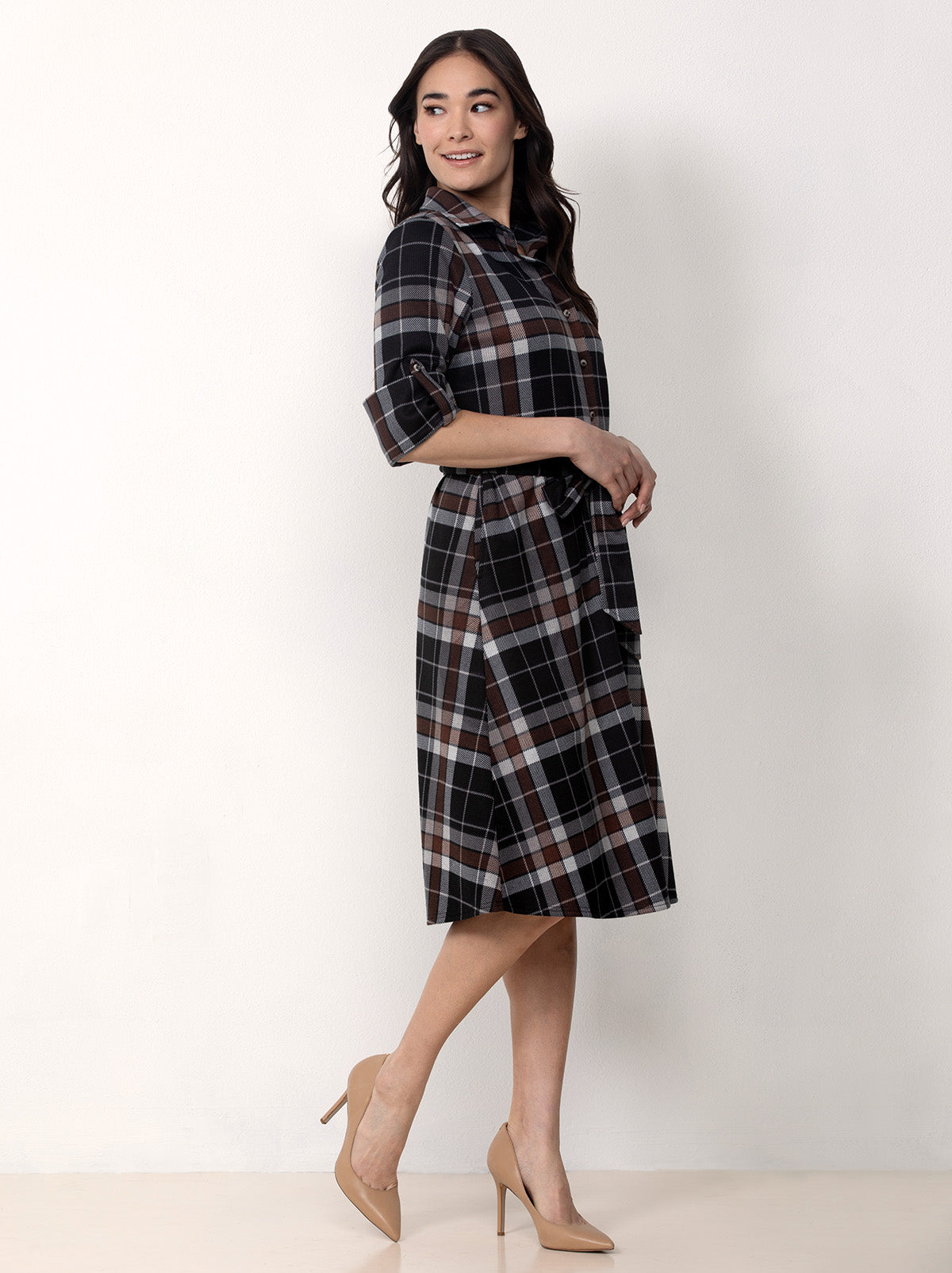 Button Front Belted Plaid Midi Dress