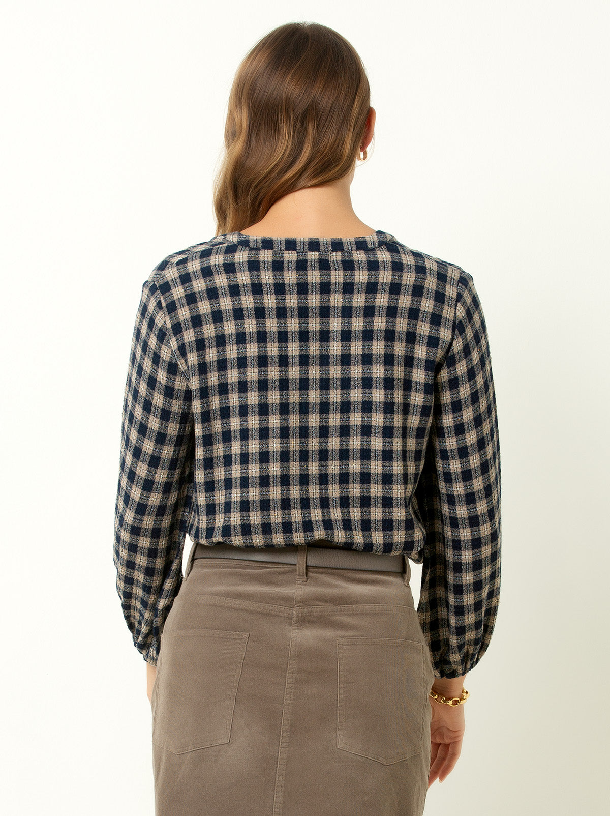 V-Neck Plaid Peasant Top